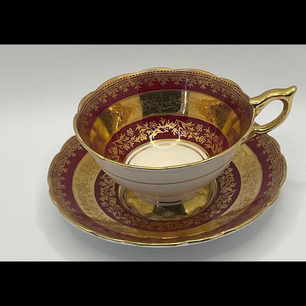 Royal Stafford Elegant Red and Gold Vintage Teacup and Saucer Set | English
